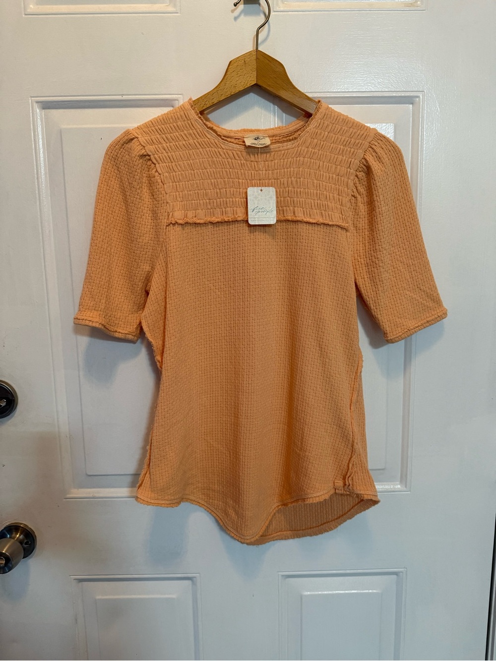 Free People Waffle-Knot Smocked Peach Short Sleeve Women's Top NWT